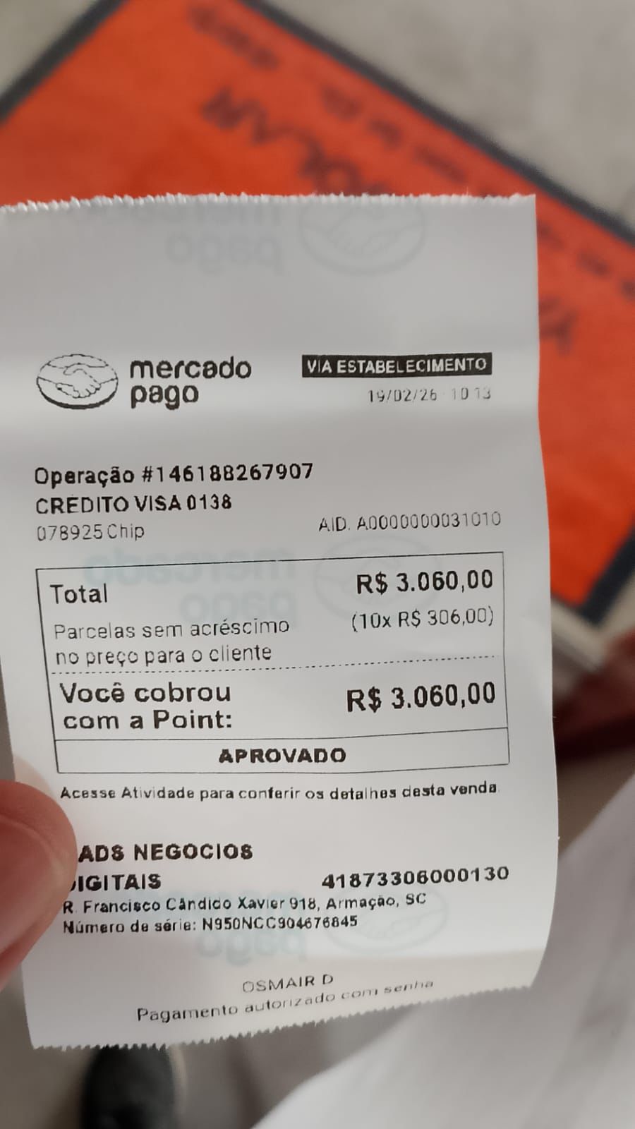 Comprovante de venda R$3.060