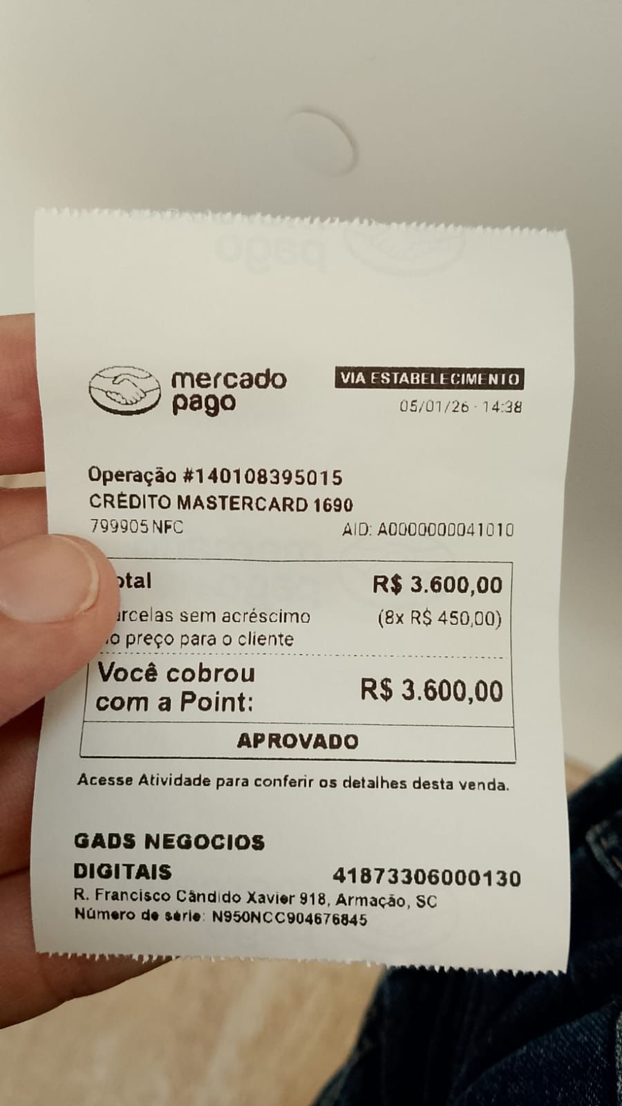 Comprovante de venda R$3.600