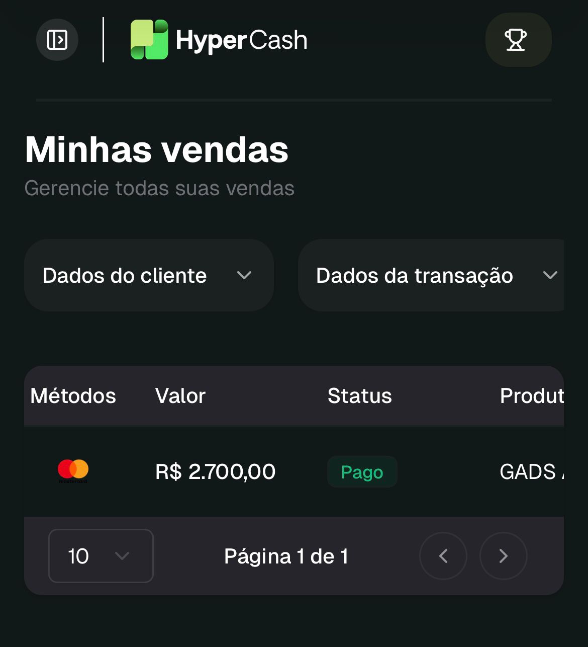 Comprovante de venda R$2.700